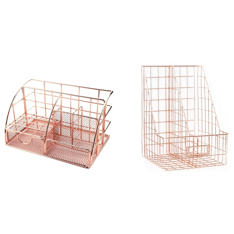 

Rose Gold Ladies Desktop Storage Box, Desktop Storage Box With Desk Organizer Stationery Office Mesh Book Shelf