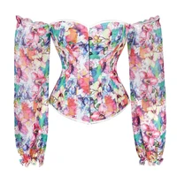 sexy gothic overbust corset top floral blouse off shoulder chiffon puff sleeve bustiers and corsets for women modeling strap new