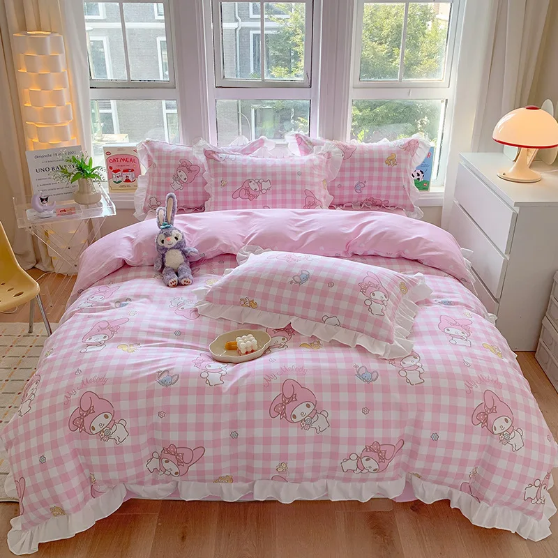 

Детский комплект постельного белья Sanrio Kuromi Cinnamoroll Mymelody, пододеяльник, простыня, наволочка, простыня, двойной, King Queen, двойной размер