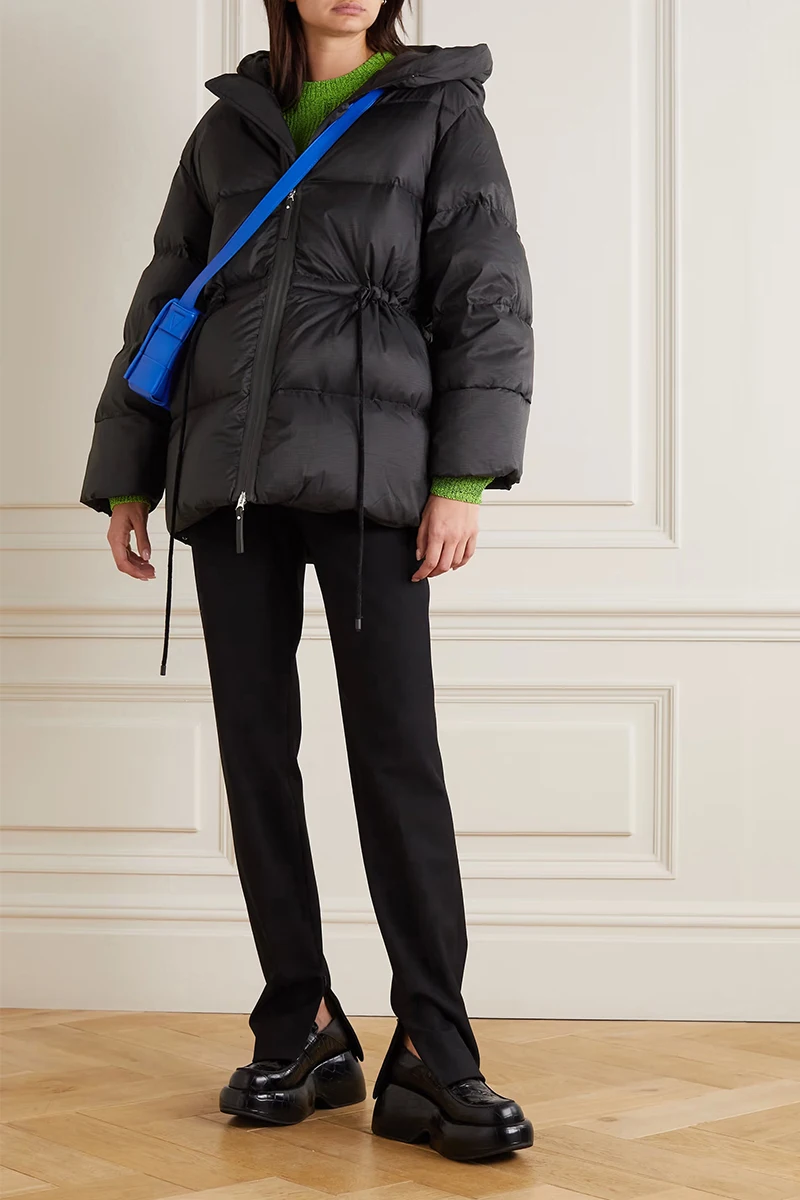 

Women High Quality Tech Fabric Drawstring Waist Hooded Pure Color Down Jacket Coat