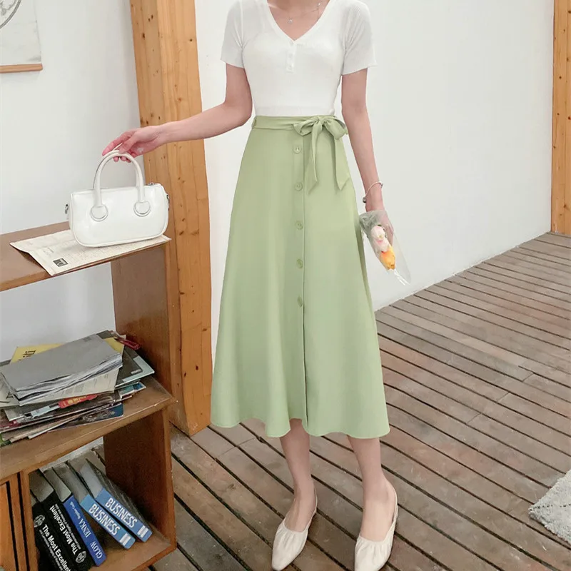 Gray Women Vintage High Waist A-Line Skirt Spring Summer Female Elegant Fashion Korean Midi Long Pleated Skirt With Bow