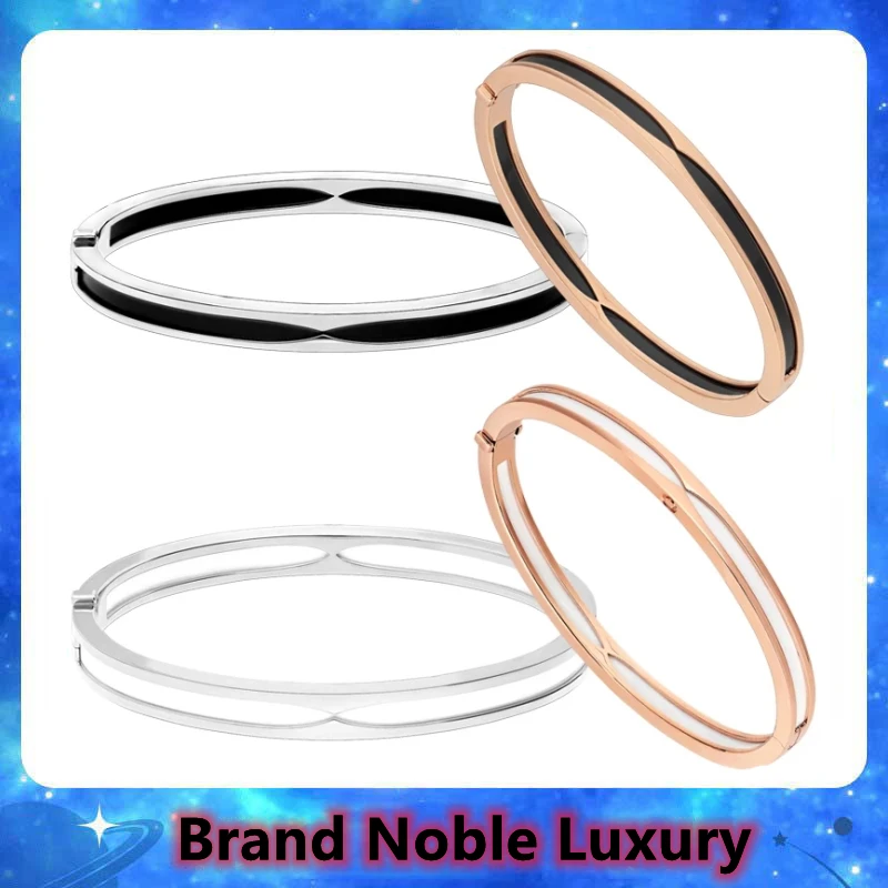 

925 Sterling Silver Black And White Ceramic Bracelet Rose Gold Agate Couple Bangle Limited Edition Jewelry Lovers Christmas Gift