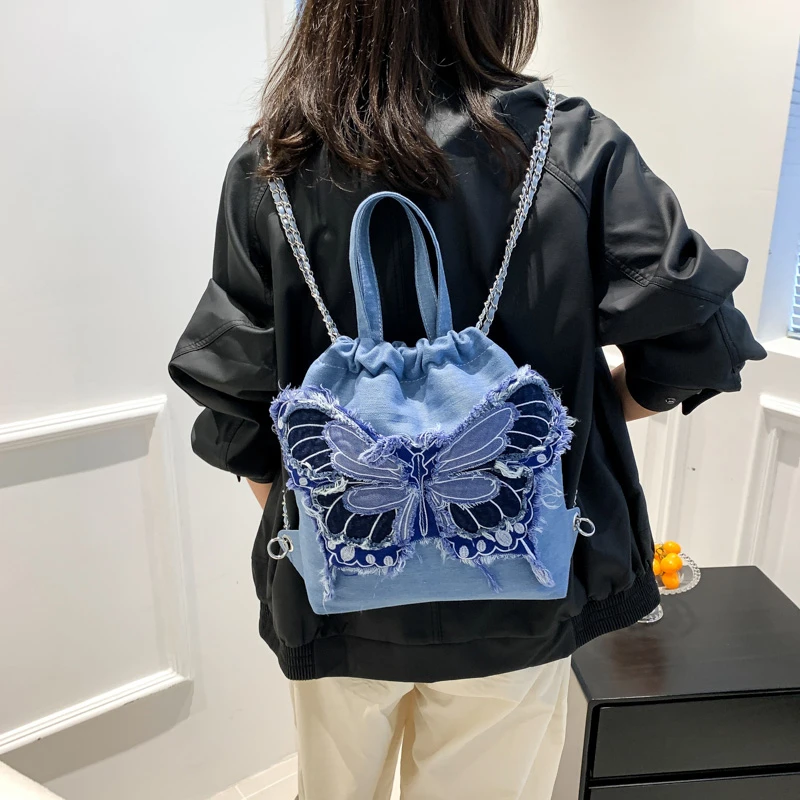 

Fashion Luxury Designer Women Butterfly Pattern Denim Canvas Chain Casual Backpack Shoulders Bag Woman Lady Handbag Satchel Bag