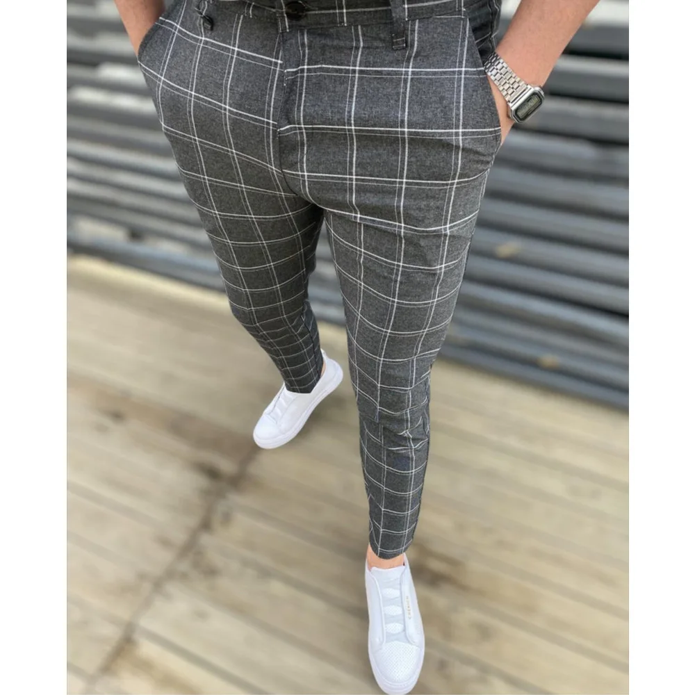 Male Casual Plaid Striped Pencil Pants Business Work Formal Checkerd Pants Men Dress Suit Pants Slim Fit Trousers Men's Clothing