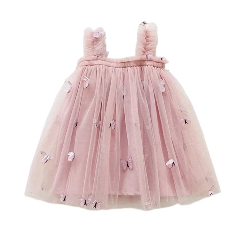 

Платье для маленьких девочек, однотонное платье с 3D бабочкой, без рукавов, Сетчатое платье на бретельках для маленьких девочек, летнее милое пышное платье принцессы
