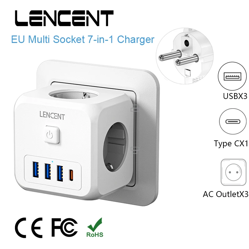 

LENCENT EU Plug Power Strip with 3 AC Outlets +3 USB Charging Ports+ 1 Type C 5V 2.4A Adapter 7-in-1 Plug Socket On/Off Switch