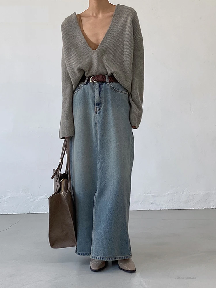 

Женская джинсовая юбка Y2k, длинная Повседневная простая винтажная юбка средней длины с разрезом спереди, минималистская уличная одежда в Корейском стиле