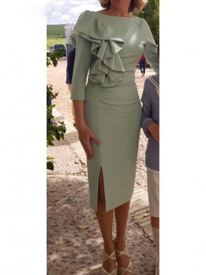 

Mother of The Bride Dresses Knee Length 3/4 Sleeves Ruffles Bride Mother Dress Vestido Mae Da Noiva Mother Dresses for Wedding