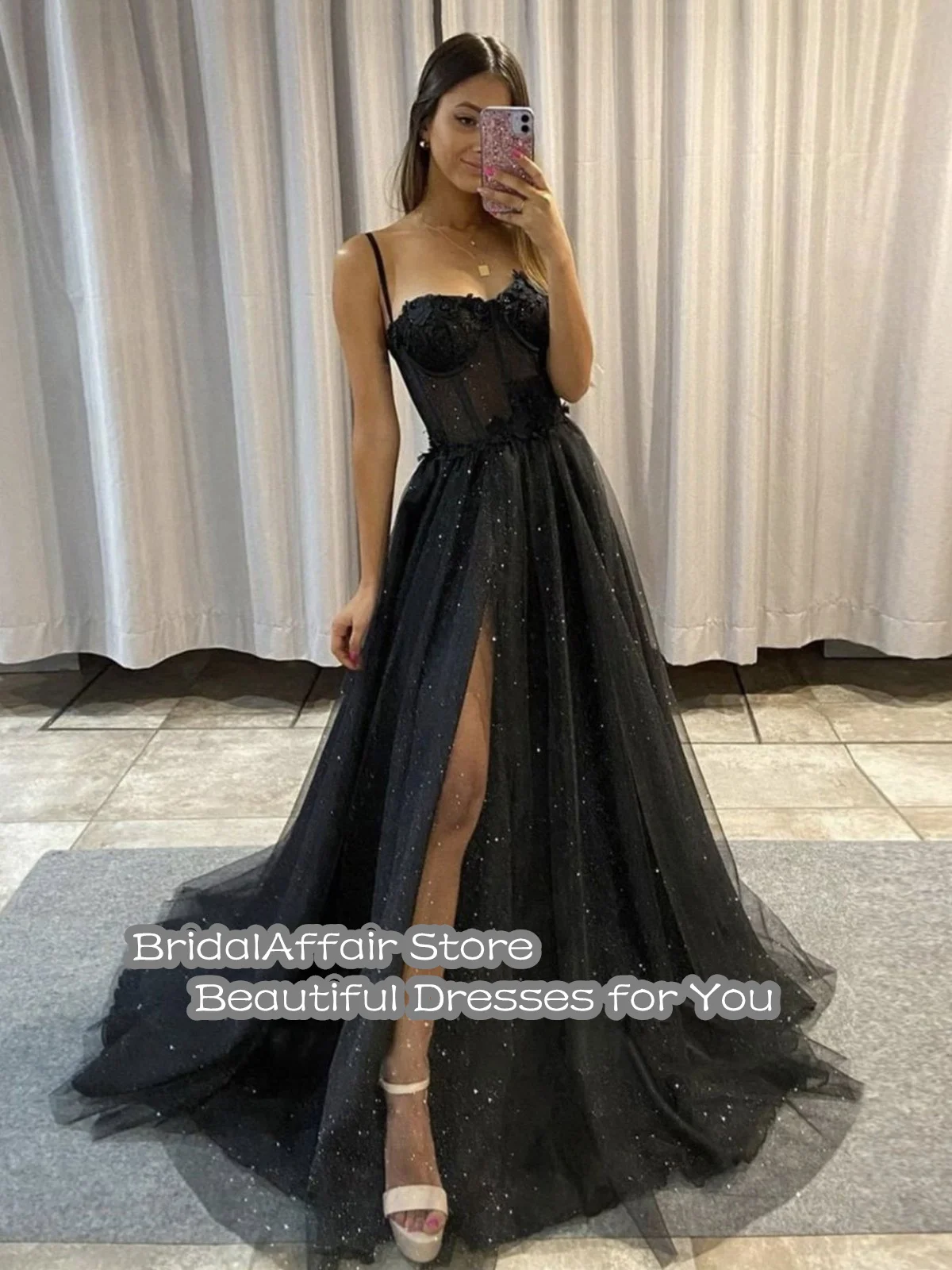 BridalAffair черные блестящие трапециевидные тюлевые платья для выпускного вечера на