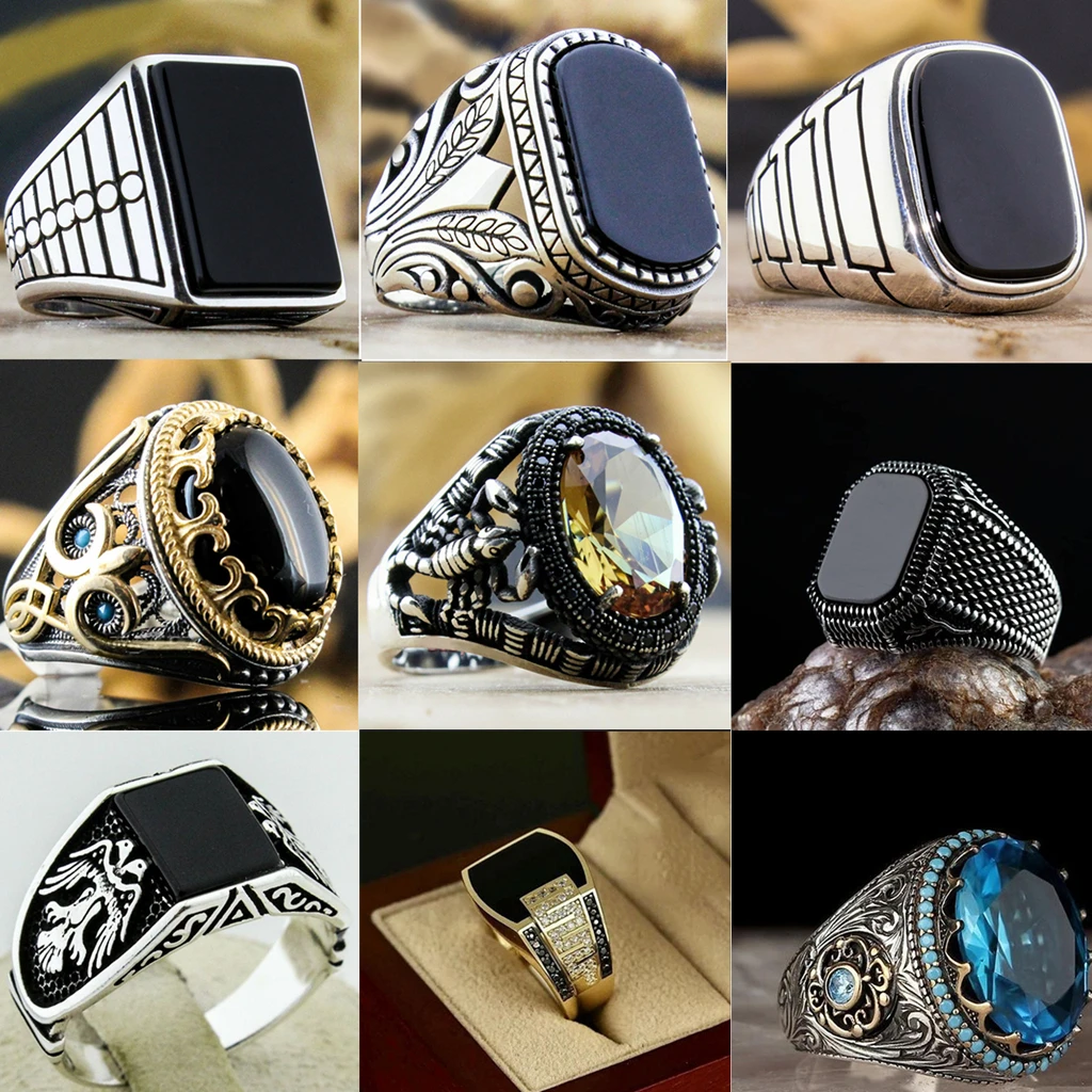 

Retro Handmade Turkish Ring For Men Vintage Swords Black Zircon Rings With Stone Punk Trendy Islamic Religious Muslim Jewelry