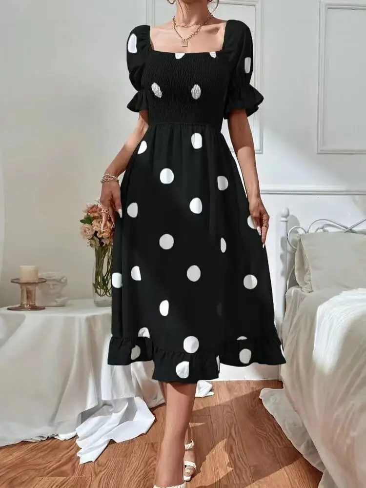 

Summer Dress Woman 2023 Trendy White Polka Dot Puff Sleeve Square Neck Formal Occasion Dresses Vintage Going Out Female Clothing