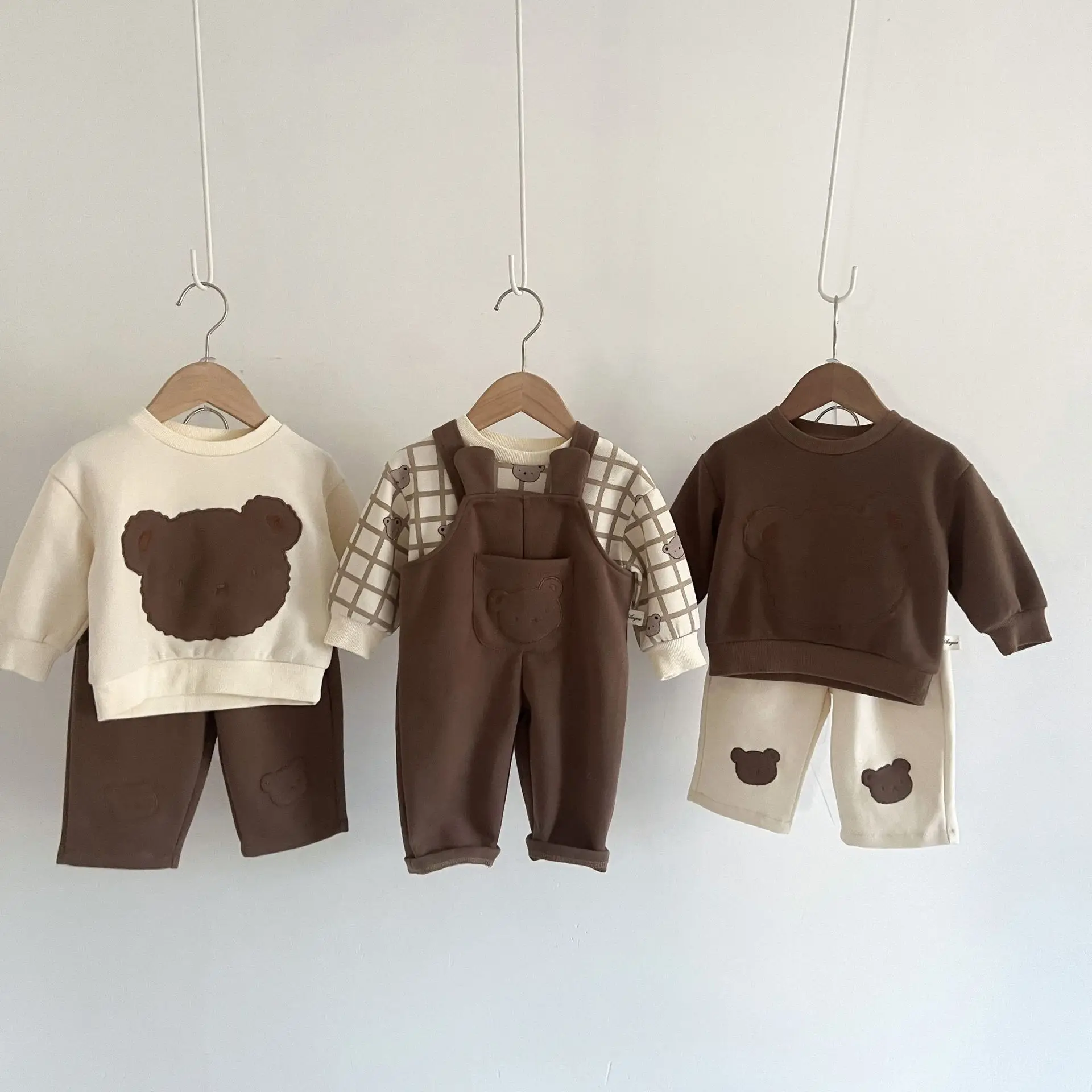 Baby Bear Casual Suit Autumn Patch Print Bib Pants Newborn Cartoon Pullover Sweater Pants Boys And Baby Girls Clothing