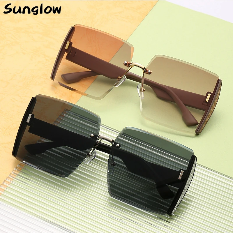 

2022 Square Rimless Sunglasses Women Luxury Designer Oversized Female Sun Glasses Gradient Lenses Eyeglasses Summer Beach Travel