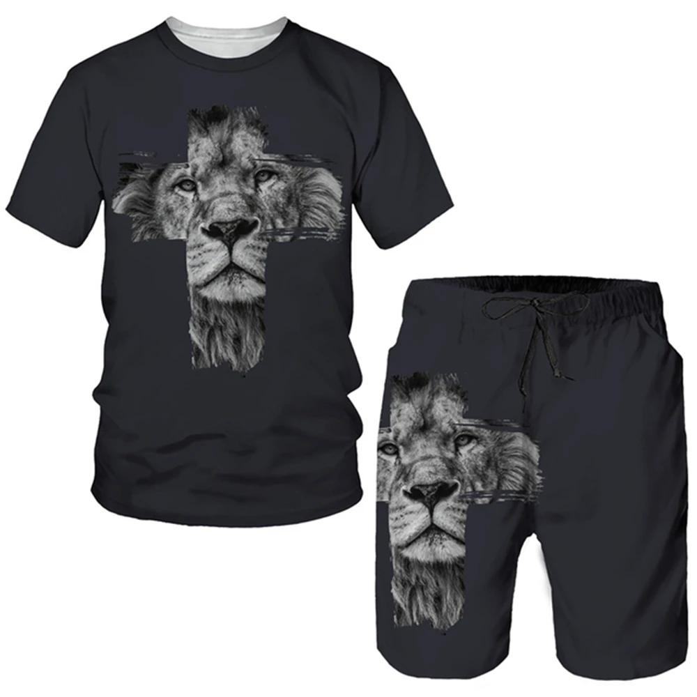

3D Lion Cross Printed Men's T-Shirt Shorts Set Summer Short Sleeve Jesus Christ Street Wear 2 Men's Sports Tracksuit Set