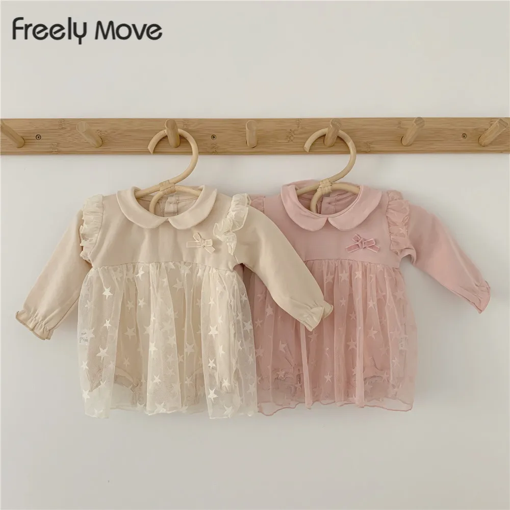 

Freely Move Cute Newborn Baby Girl Long Sleeve Peter Pan Collar Mesh Lace Romper Jumpsuit Fashion Outfits Clothes Buttons