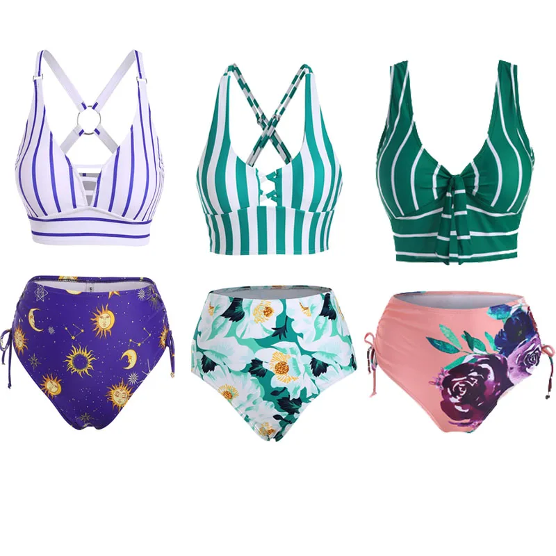 

Женское бикини в стиле ретро с оборками и высокой талией