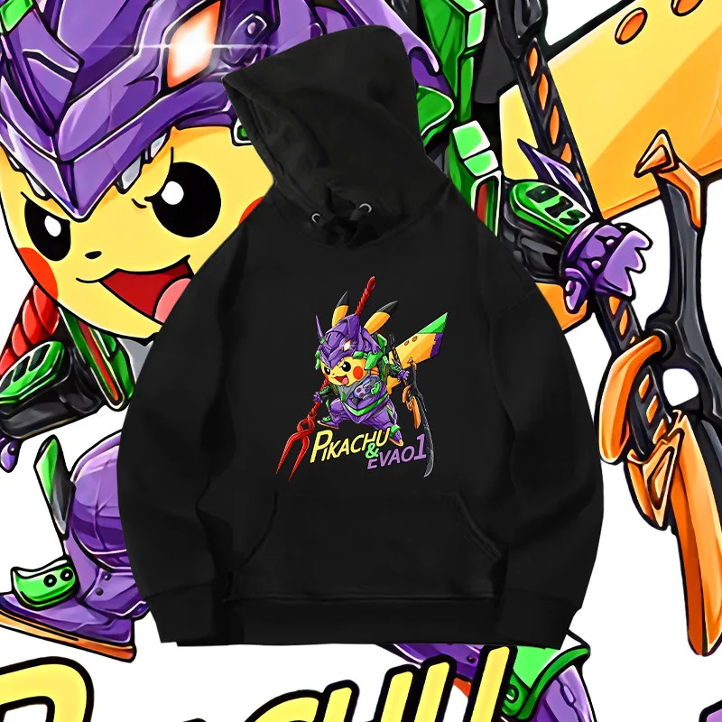 

Pokémon Cartoon Print Pikachu Pullover Sweatshirt Autumn and Winter WarmHooded Long-sleeved Plus Fleece Youth Tide Loose Clothes