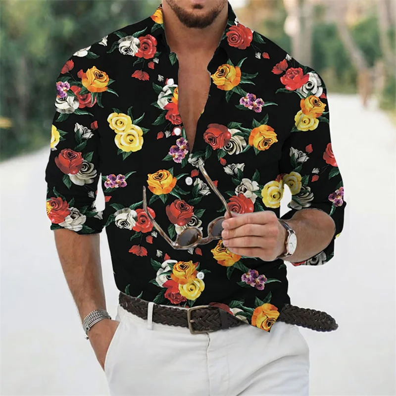 

Fashion Men's Shirt Floral Rose High Quality Soft Comfortable 2023 New Hot Selling European Size Men's Lapel Tops Decoration