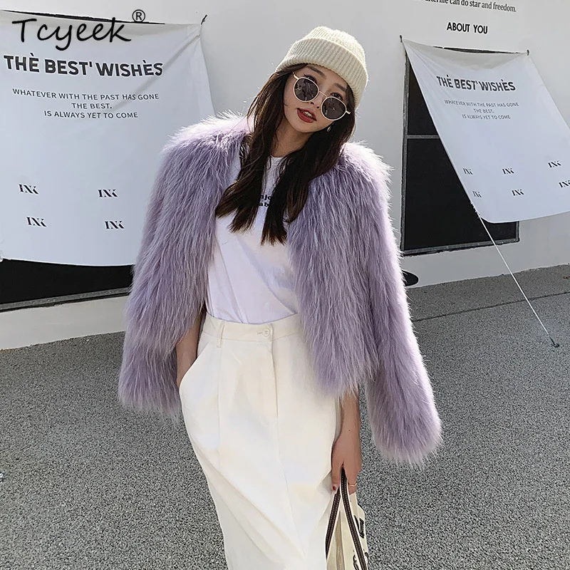 

Женское двухстороннее пальто из меха енота, новинка зима 2023, короткое пальто в социалистском стиле с V-образным вырезом, куртки из натурального меха градиентных цветов