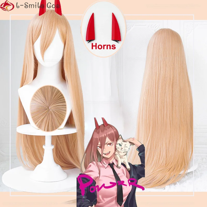 

High Quality100cm Long Power Cosplay Wig Chainsaw Man Cosplay Power Orange Hair Horns Heat Resistant Makima Wigs Props + Wig Cap