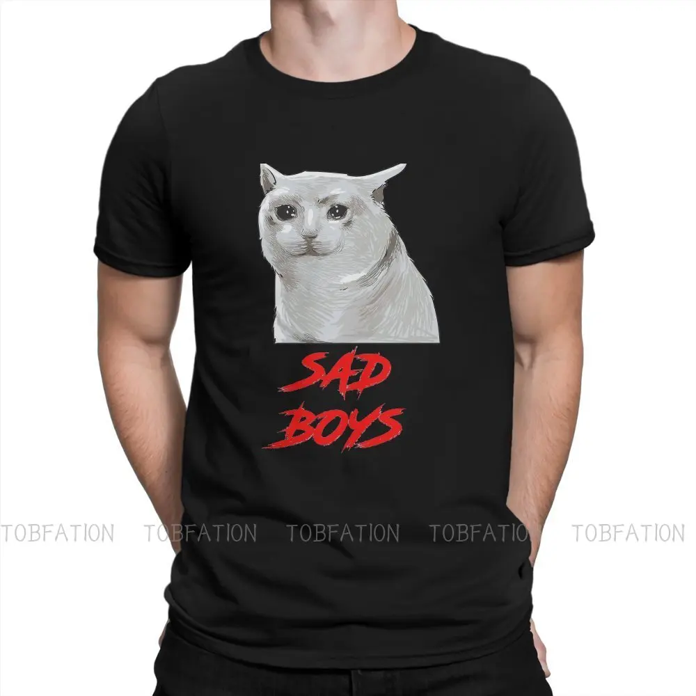 Sad Cat Meme Forced Smile TShirt for Men Sad Boys Crying Soft Summer Sweatshirts T Shirt Novelty New Design Fluffy