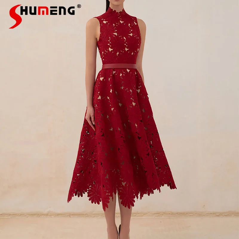 

Autumn and Winter Elegant Red Engagement Dress Light Luxury Lace Sleeveless Dress Annual Meeting Women's Party Mid-length Dress