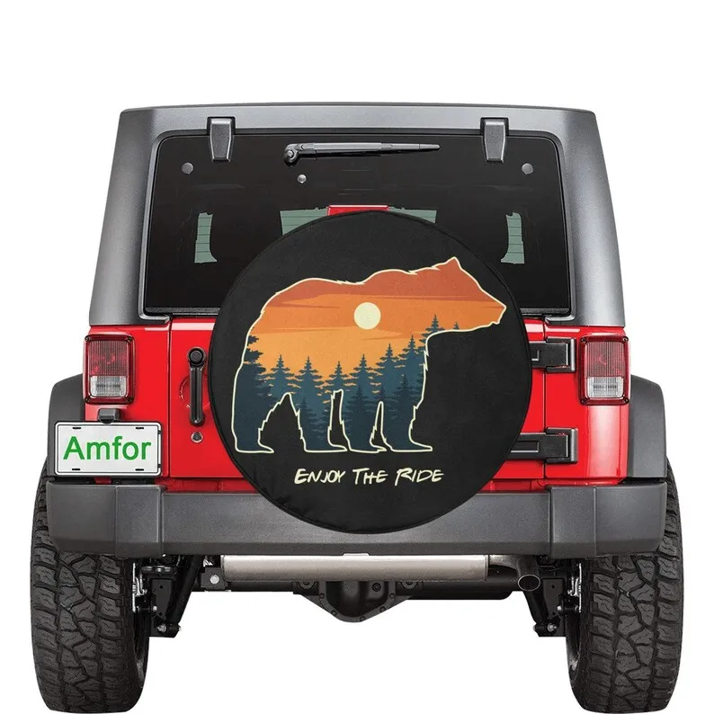 

Bear Sunset Jeep Tire COVER, Spare Wheel COVER Pine Trees Mountains Custom Unique Design RV Back Tire Adventurous Gift