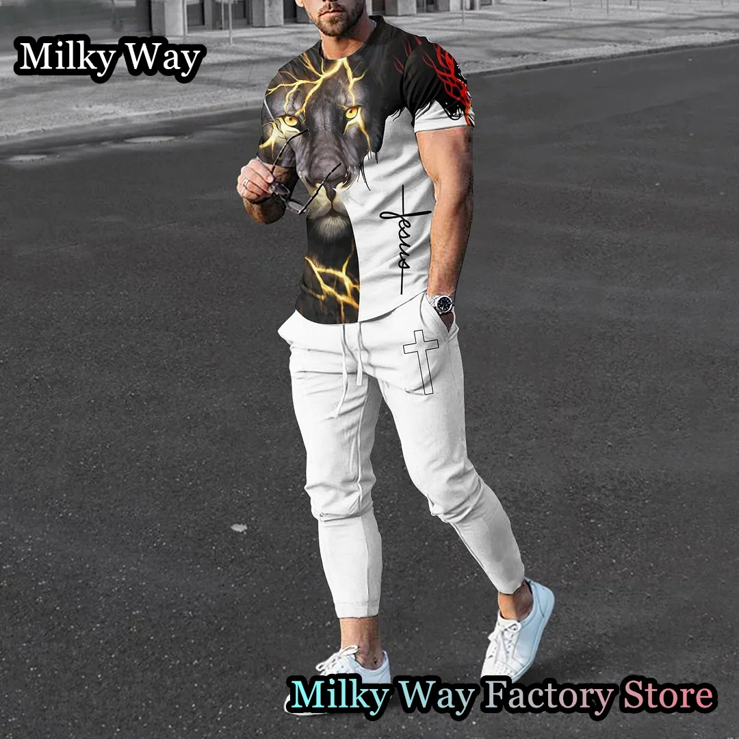 Summer Men Tracksuit 2 Pieces Lion King Printing T-Shirt Trousers Set Casual Jogging Suit Fashion Outfit Male Animal Streetwear