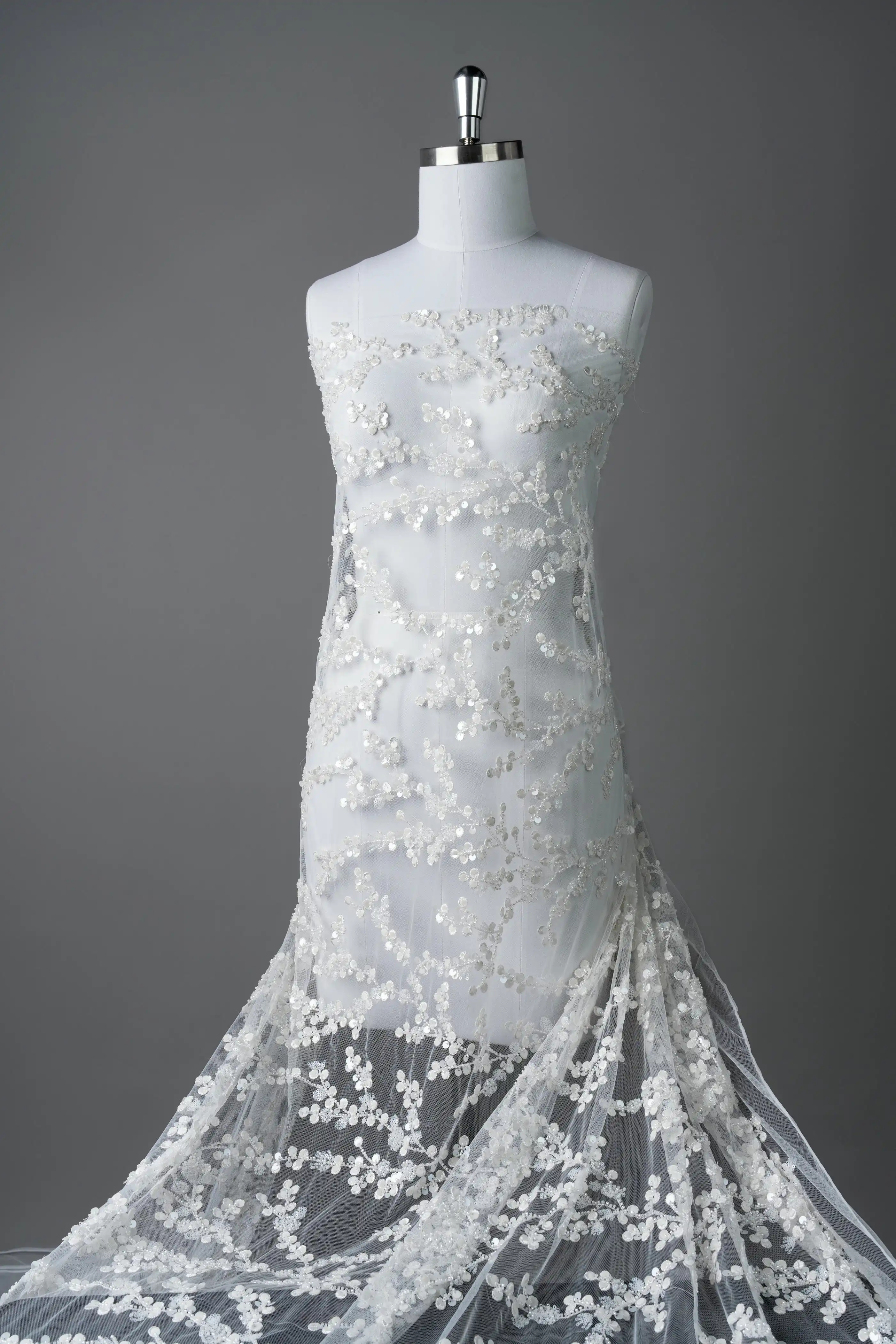 Высококачественная тюлевая ткань с белыми кружевными блестками и бисером для