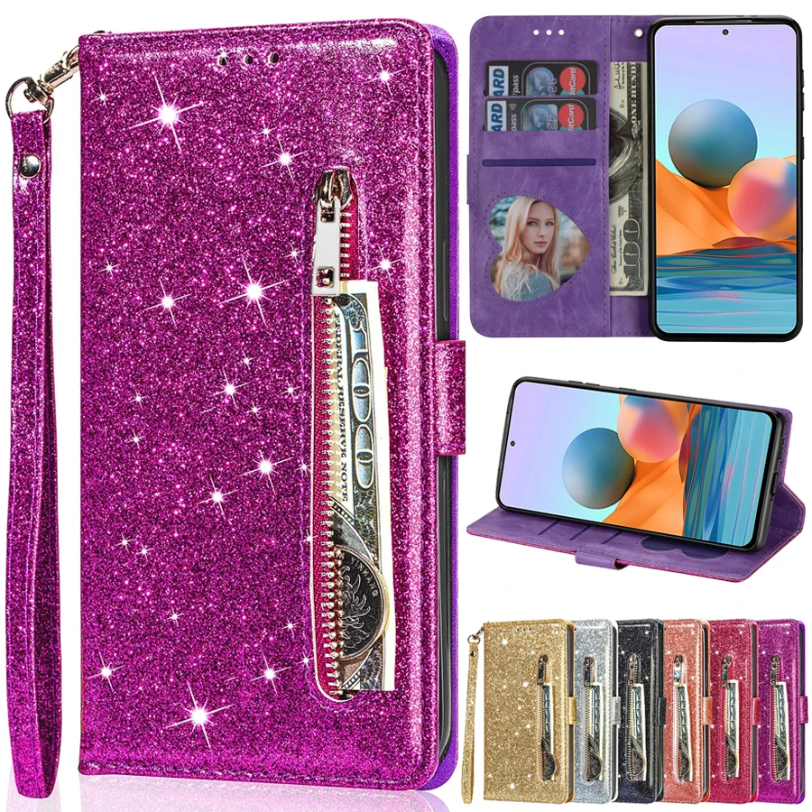 Wallet Glitter Leather Case For Xiaomi Redmi 10 10C 9A 9C 9T Note 11 Pro 11S 11E 10 Pro 9 8 Mi Poco F4 X4 GT M4 Pro 11T 12 Lite