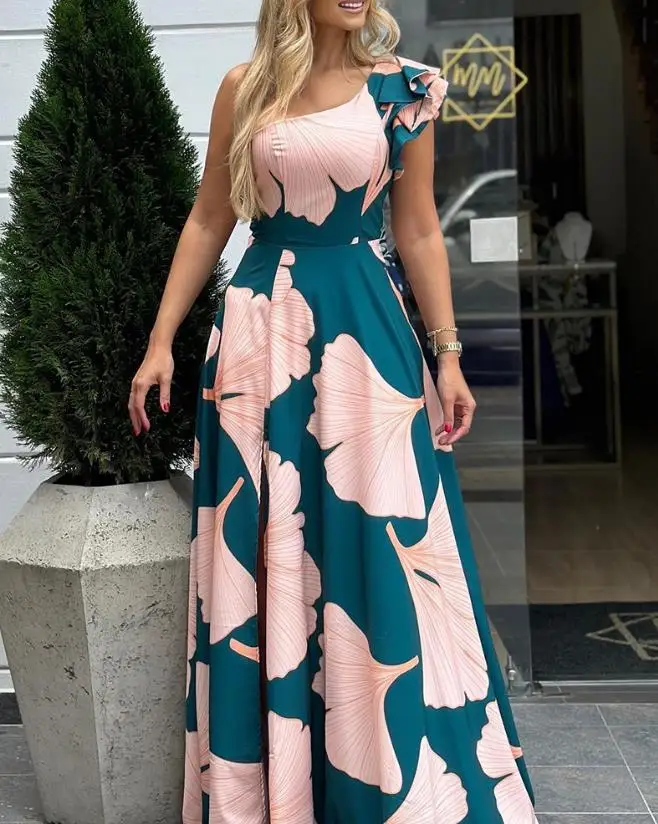 

Vacation Leaf Print Flared Dresses for Women Women's Casual Clothing New Summer Fashion Bohemia Short Sleeve Maxi Dress Female