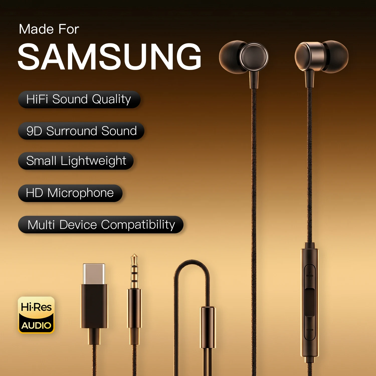 Фото Проводные наушники Type-C с Hi-Fi звуком, встроенным HD-микрофоном, 3,5 мм, для Samsung Galaxy S26 S25 S24 S23 S22, внутриканальные №1