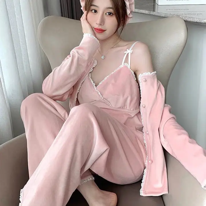 2022 Spring New Fashion Comfortable Pajamas Women Three-piece Sexy Suspenders Long-sleeved Trousers Homewear Simple Style