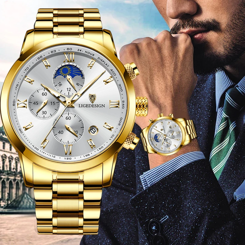 

Часы наручные LIGE Мужские кварцевые, повседневные Роскошные водонепроницаемые спортивные, с браслетом из нержавеющей стали