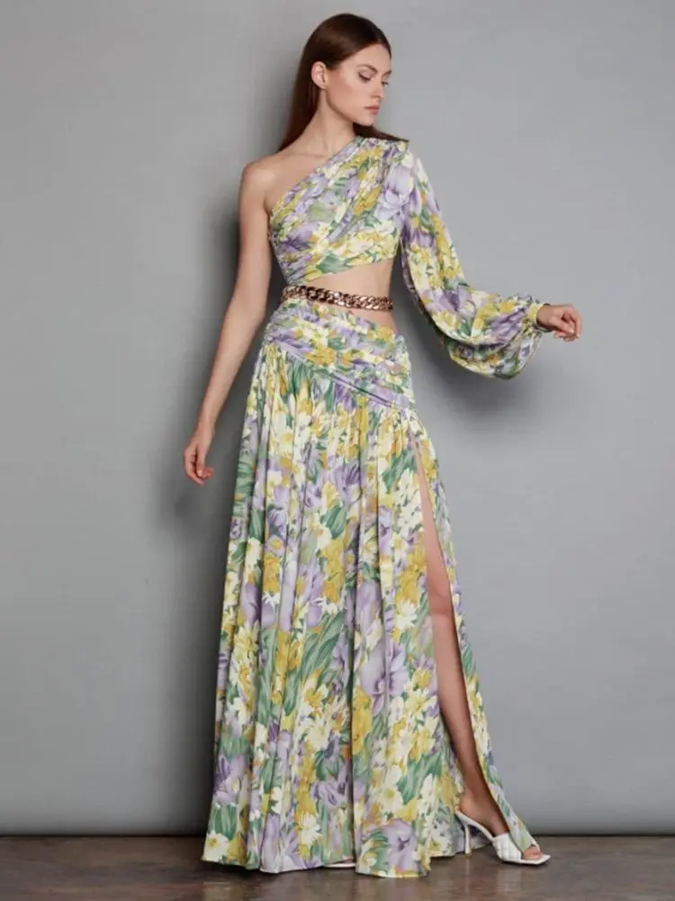 

2022 Summer New Women's Sexy One Shoulder Long Sleeve Printed Hollow Split Metal Chain Long Dress Club Party Cocktail Dress