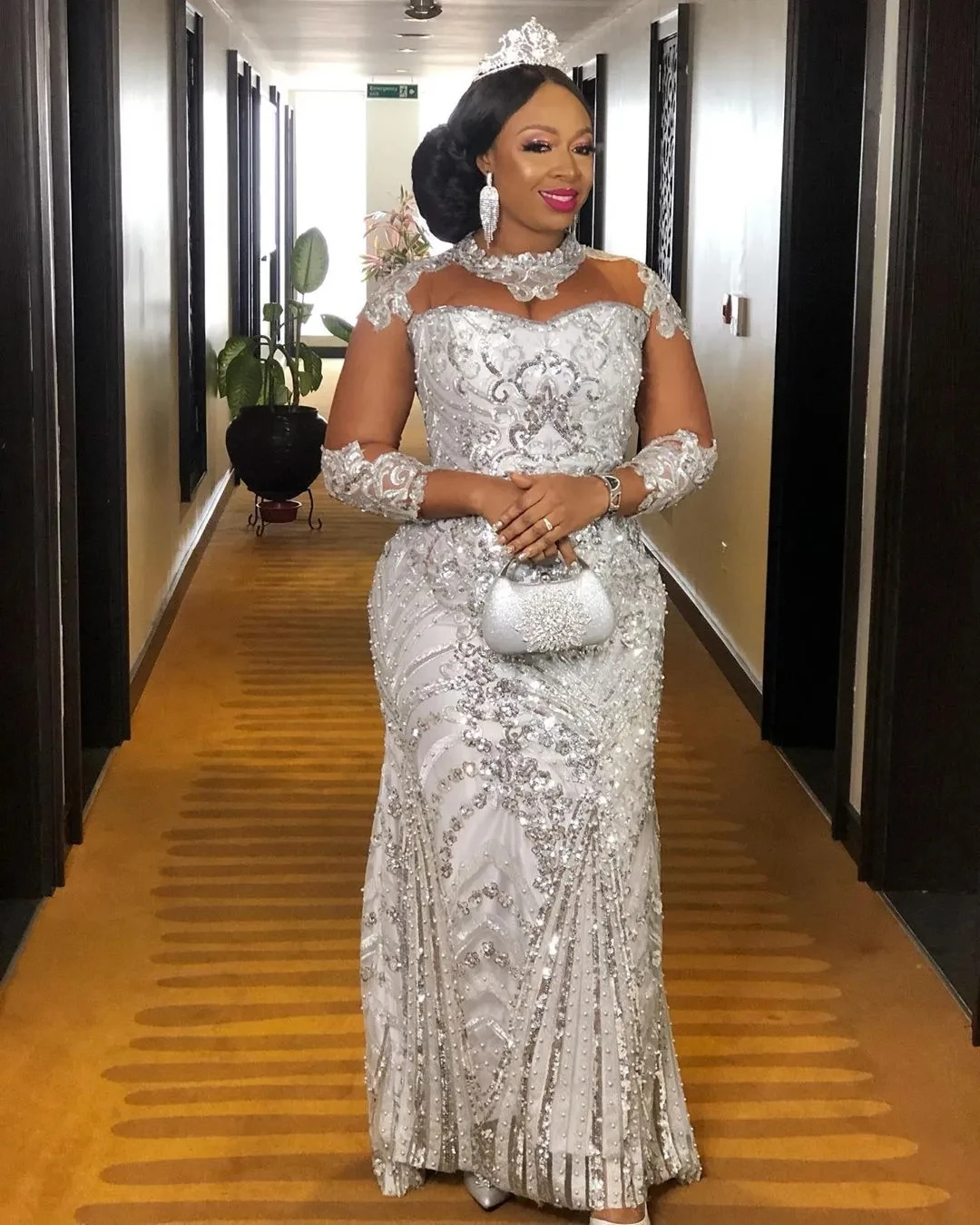 

Silver Aso Ebi African Evening Dresses Mermaid Long Sleeves Tulle Appliques Pearls Long Dubai Saudi Arabic Evening Gown Prom