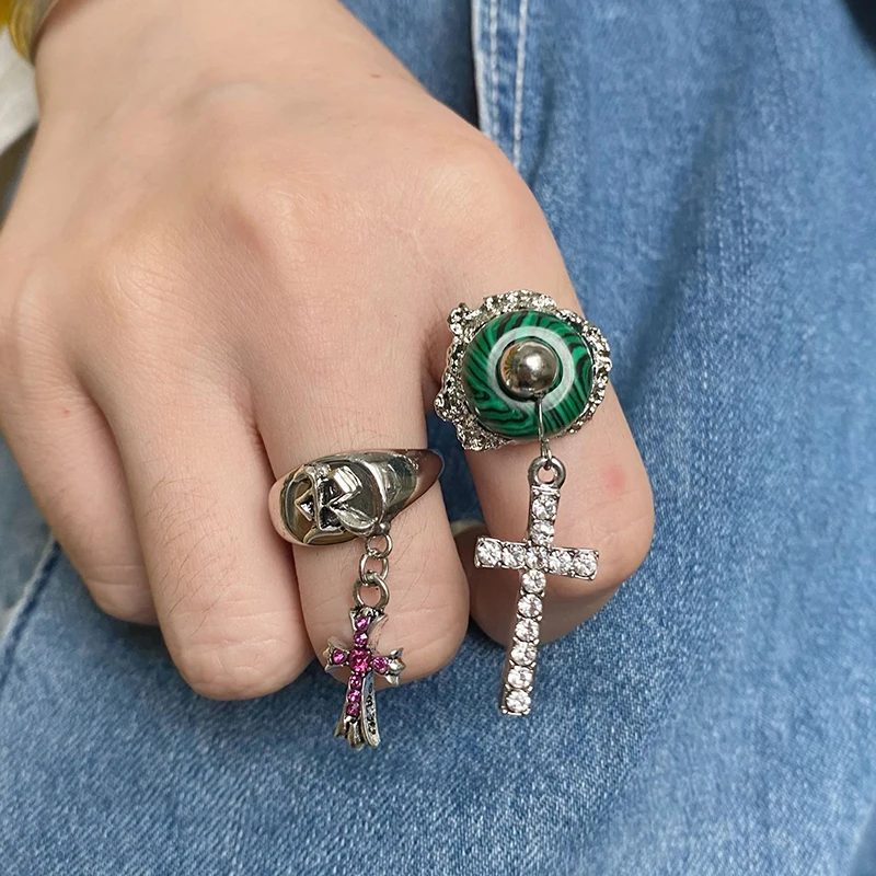 

New Creative Fake Malachite Rings Cute Zircon Cross Tassel Charms Finger Ring Jewelry Adjustable Opening Fingers Deco Accessory