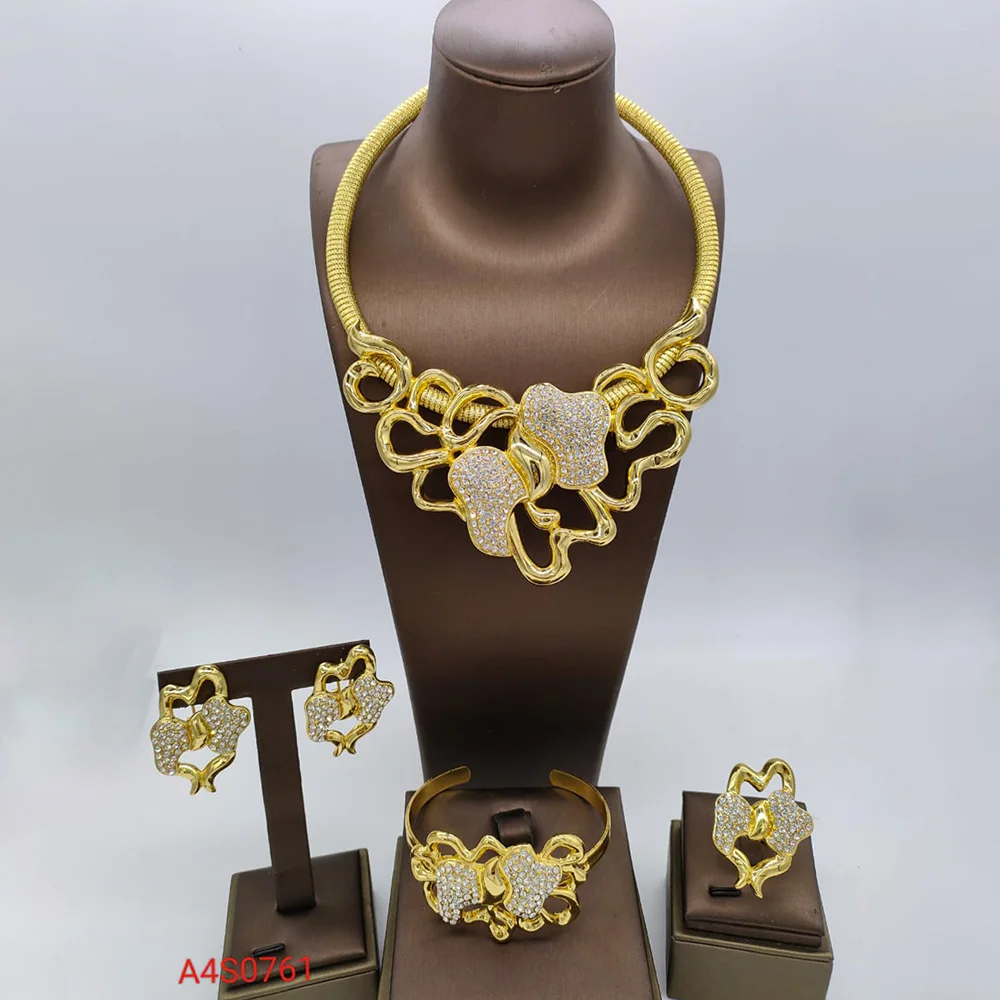 

Trendy Unique Design Jewelry Bridal Gold-color Crystal Rhinestones Necklace Earrings Bracelet Ring Nigeria Wedding Jewelry Sets