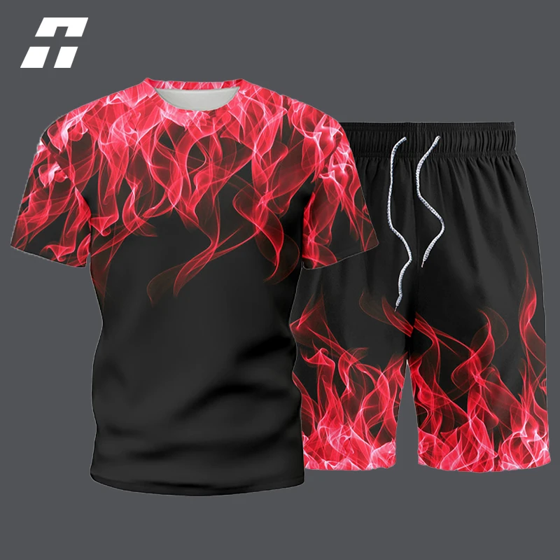 Костюм спортивный мужской с принтом пламени Повседневная футболка коротким