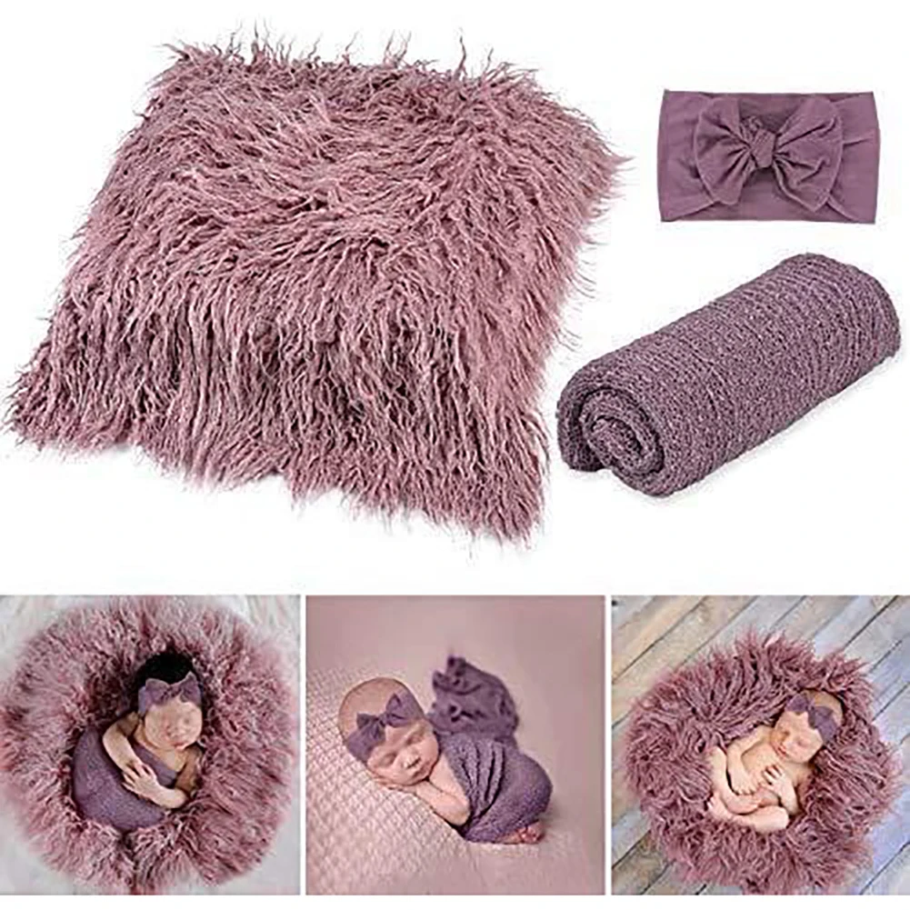 

3PCS/Set Newborn Photography Props Accessory Toddler Photo Blankets Wrap Headband Mohair Stretch Knit Swaddle Wraps Studio Props