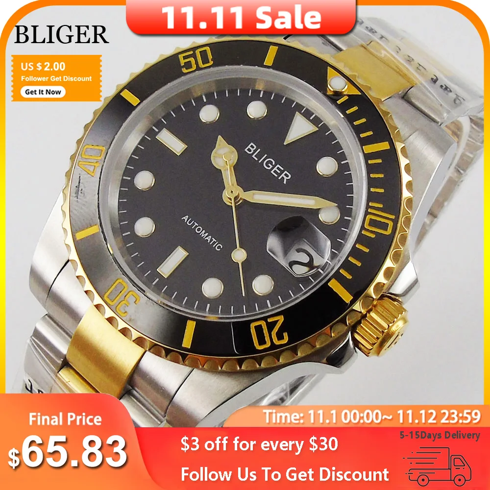 Цена Мужские часы с автоподзаводом BLIGER NH35 MIYOTA 8215 PT5000, 40 мм, двухцветный золотой чехол, черный циферблат