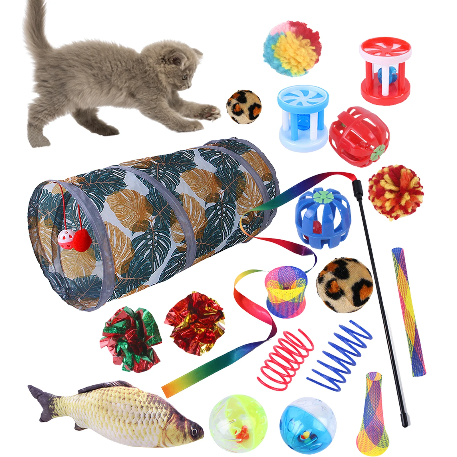 

20pcs Cat Toys For Indoor Cats Kitten Toys Assortments Set Cat Interactive Toy Funny Teaser Wand Crinkle Balls Spring Toy