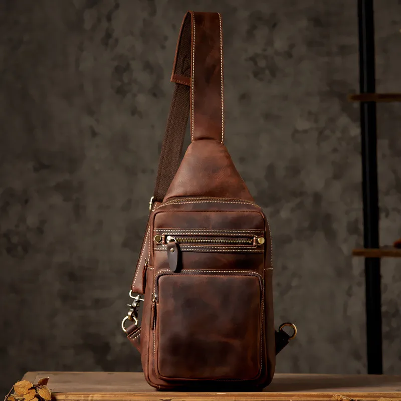 Retro fashion crazy horse cowhide men's multi pocket brown chest bag youth outdoor sports hot sale genuine leather diagonal bag