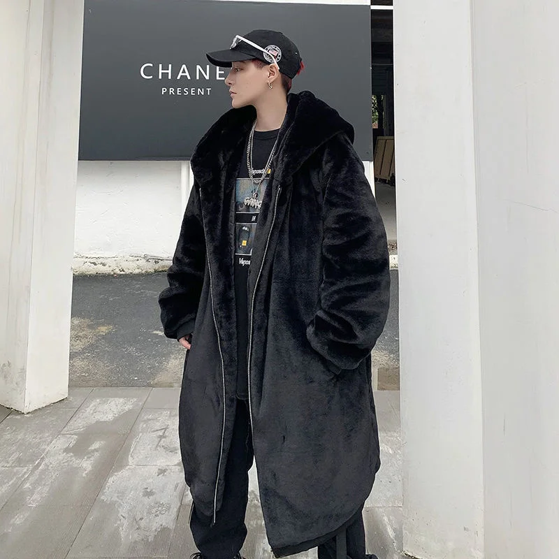 Winter Jacket Men Warm Fashion Grey/Black Casual Hooded Coat Mens Japanese Streetwear Loose Oversized Lamb Coat Men Overcoat