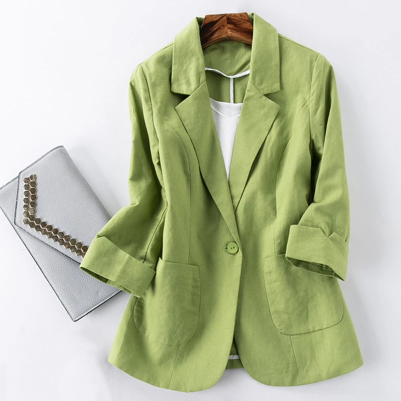 Cotton Linen Blazer Jacket Women Summer Outwear High Quality Solid Single Button Notched Blazer Blazer Three Quarter Sleeve Top