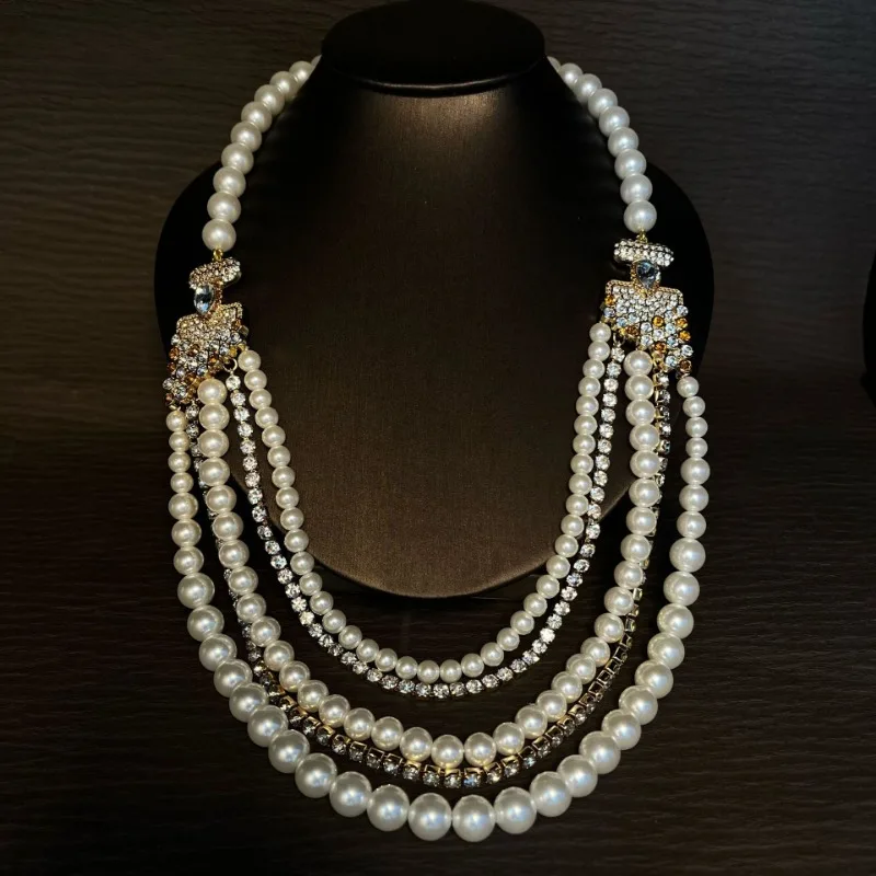 Модное многослойное жемчужное ожерелье со стразами инкрустированное женское