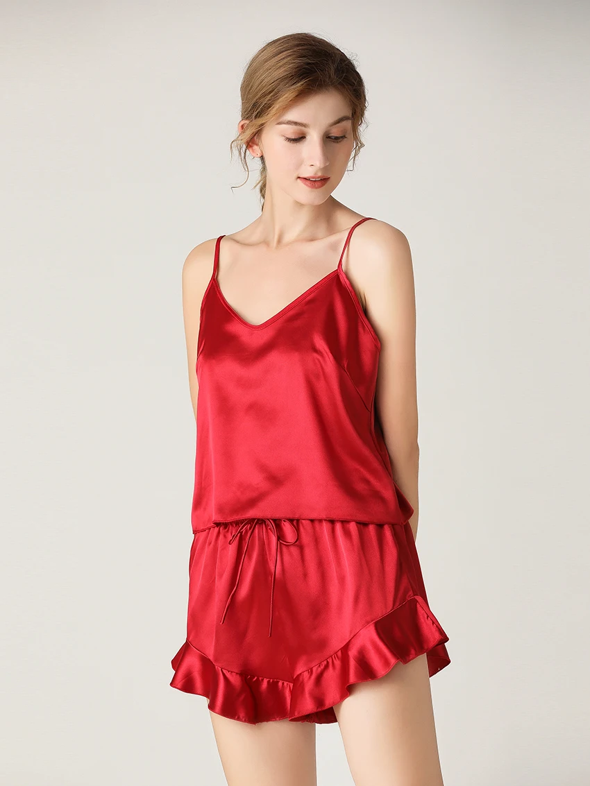 Marthaqiqi Sexy V-Neck Women'S Pajama Sets Satin Nightie Spaghetti Strap Sleepwear Drawstring Shorts Elegant Women Summer Suits