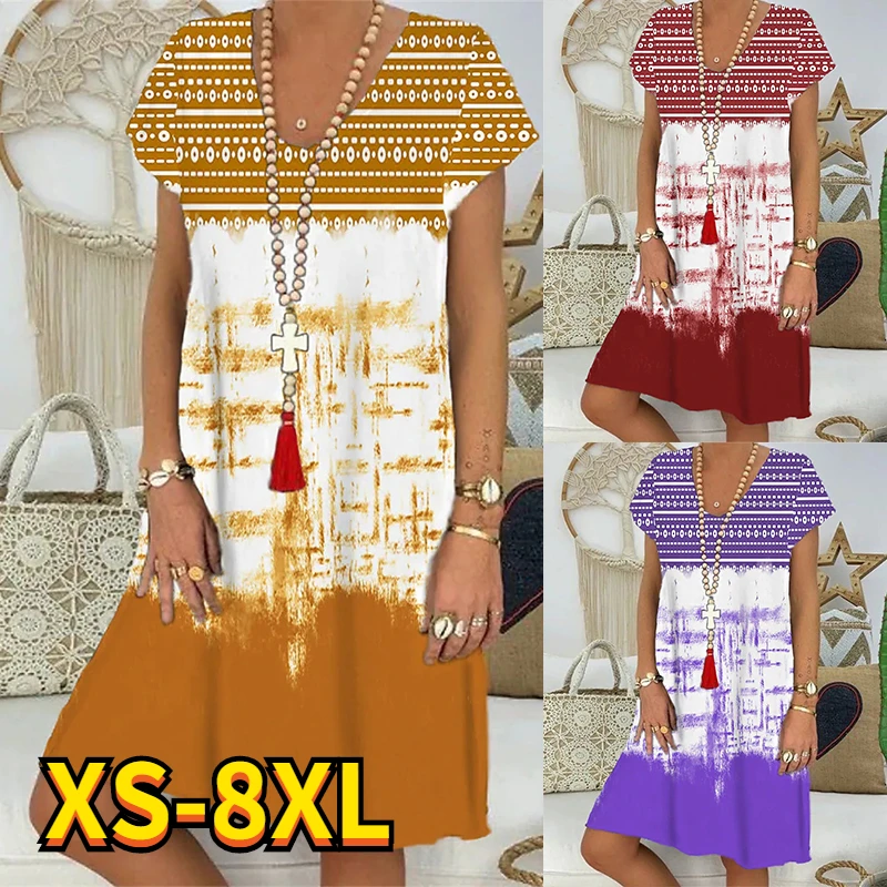 

2022 Summer Women's Abstract 3D Tie-dyed Printed Dress V Neck Causal Elegant Dress Knee Length Fashional Painting Dress New 8XL