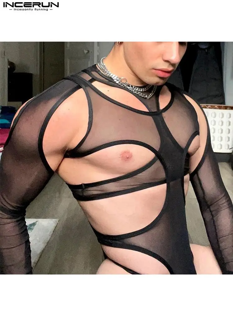 INCERUN Sexy Men Jumpsuit See-through Mesh Onesies Fashion Casual Style Male Homewear Thin Long Sleeve Triangle Bodysuits S-5XL