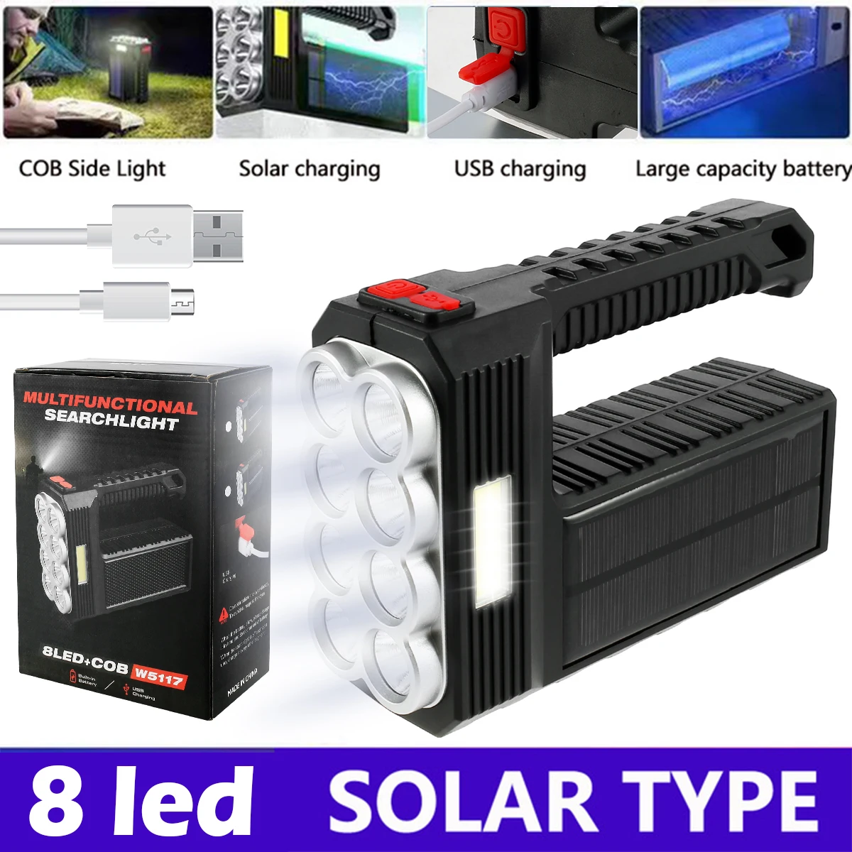

NEW Solar LED Searchlight USB Rechargeable Spotlight w/1200mAh Battery LED Flashlight 1640.4ft Irradiation Distance IP44